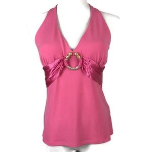 Cache Pink halter Tie Top with gold snake detail